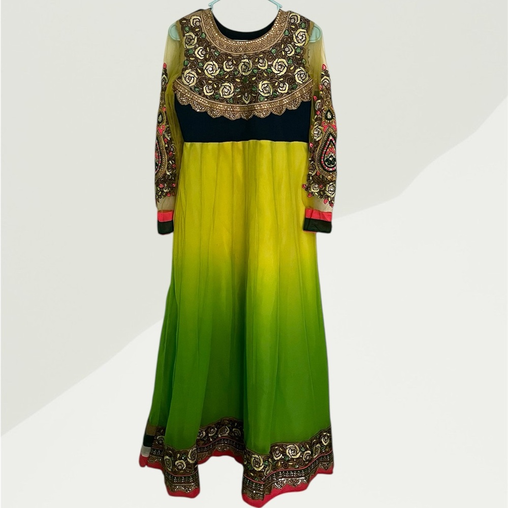 Embroidered Net Green and Yellow Anarkali Salwar Dress